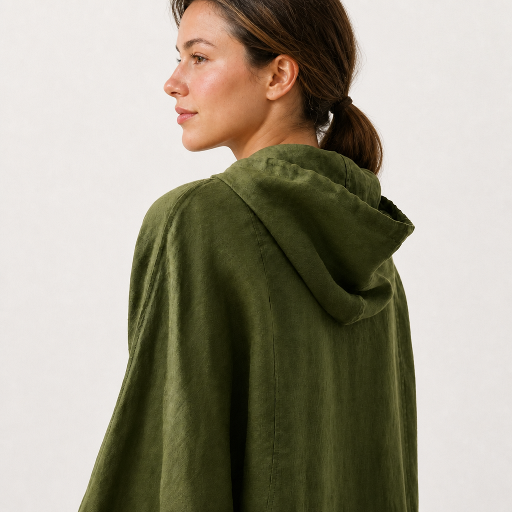 Women's olive linen hooded jacket with oversized fit and zip front by STATE OF HER