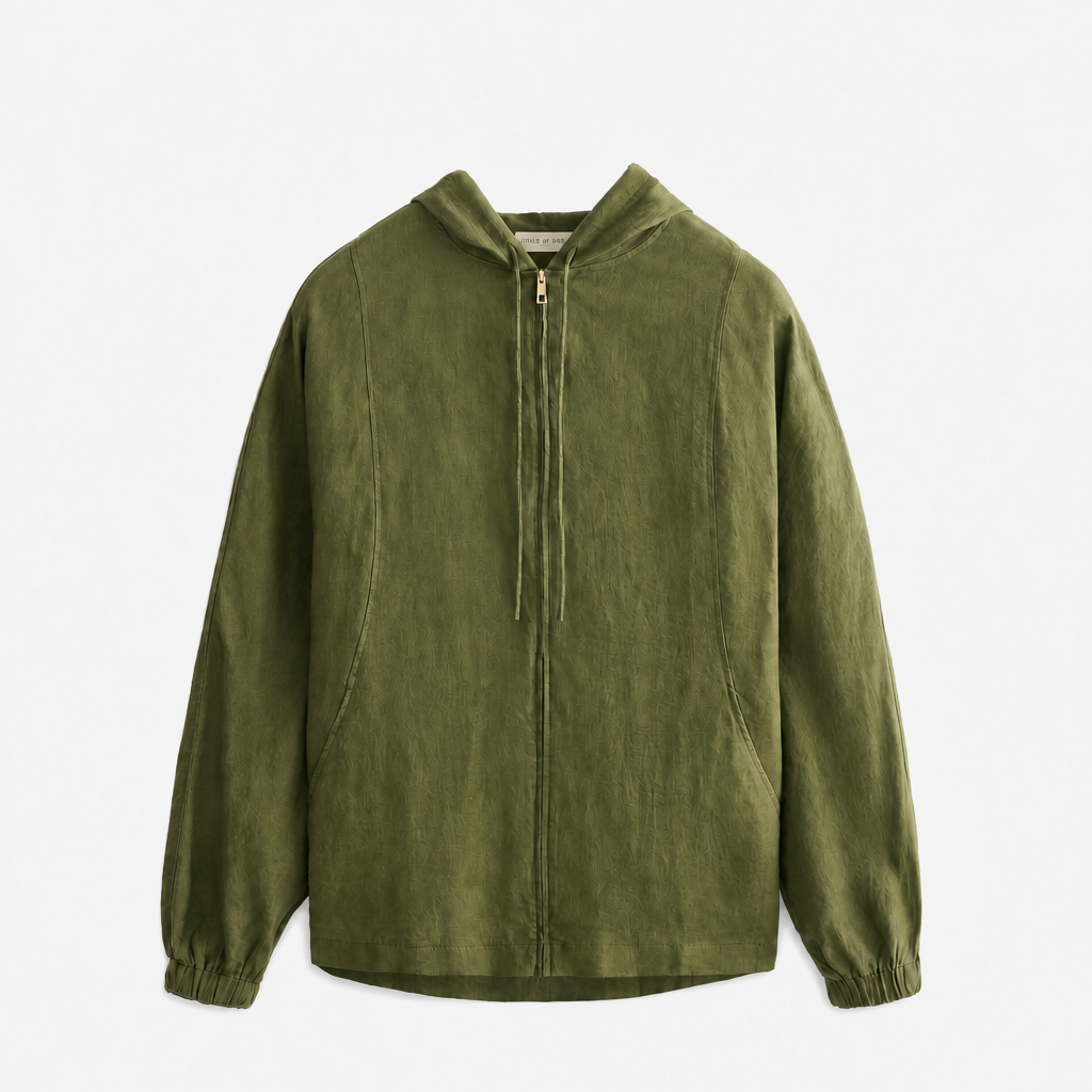 Women's olive linen hooded jacket with oversized fit and zip front by STATE OF HER