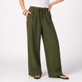 Women's olive linen straight-leg trousers with relaxed fit and pockets by STATE OF HER