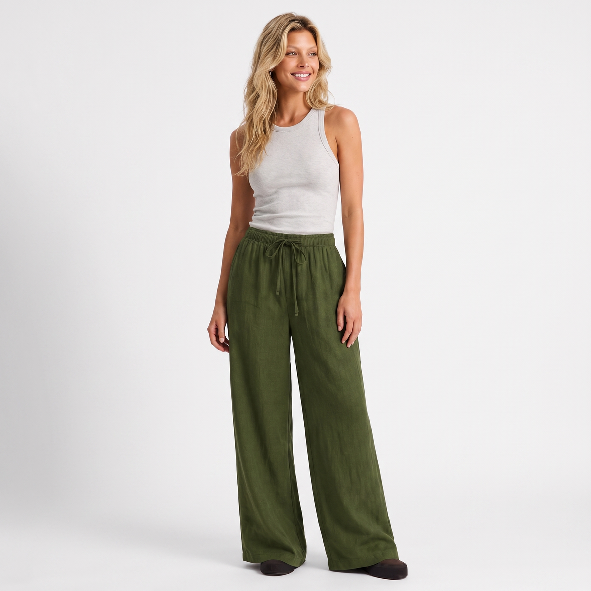 Women's olive linen straight-leg trousers with relaxed fit and pockets by STATE OF HER