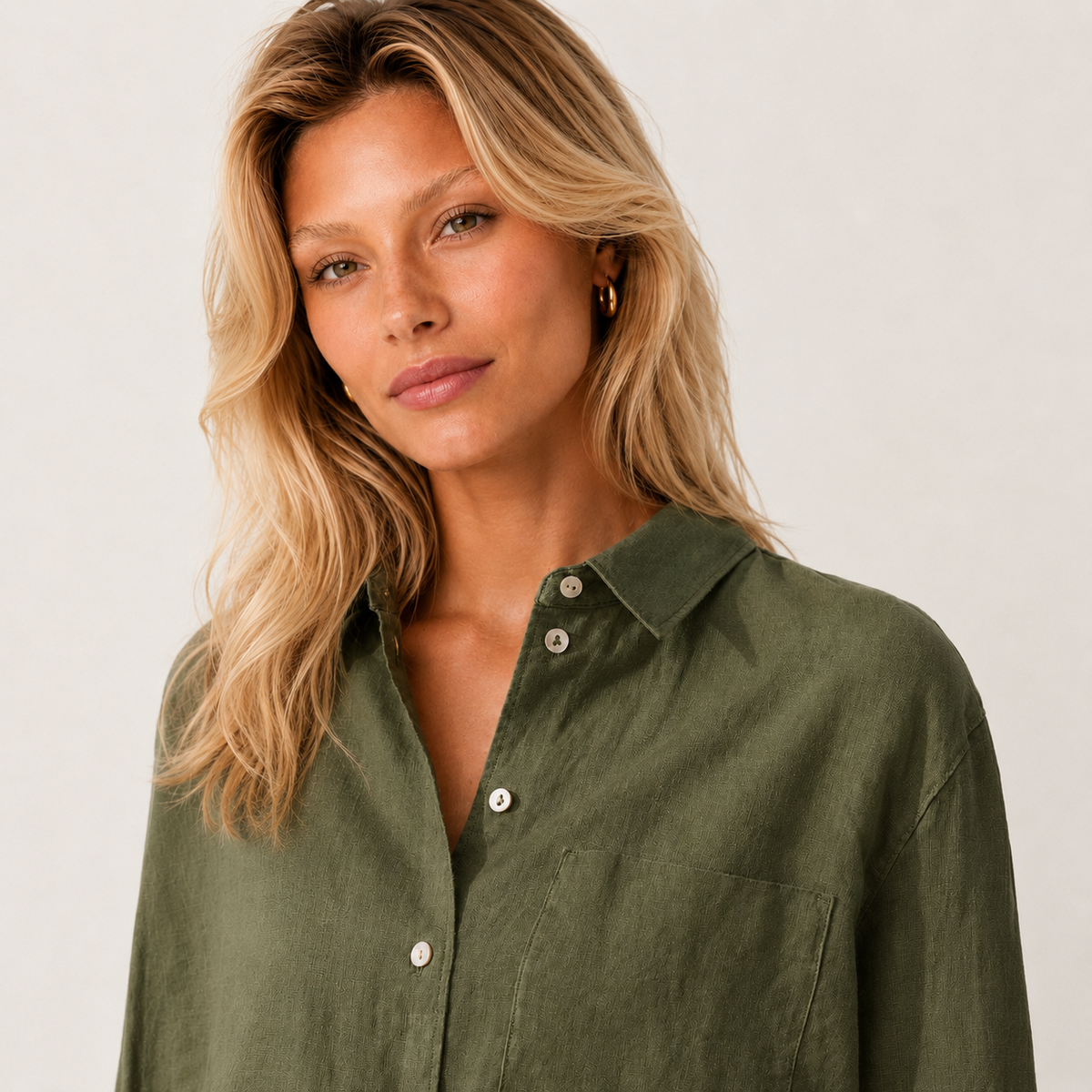 Women's olive oversized linen shirt with button front and dropped shoulders by STATE OF HER