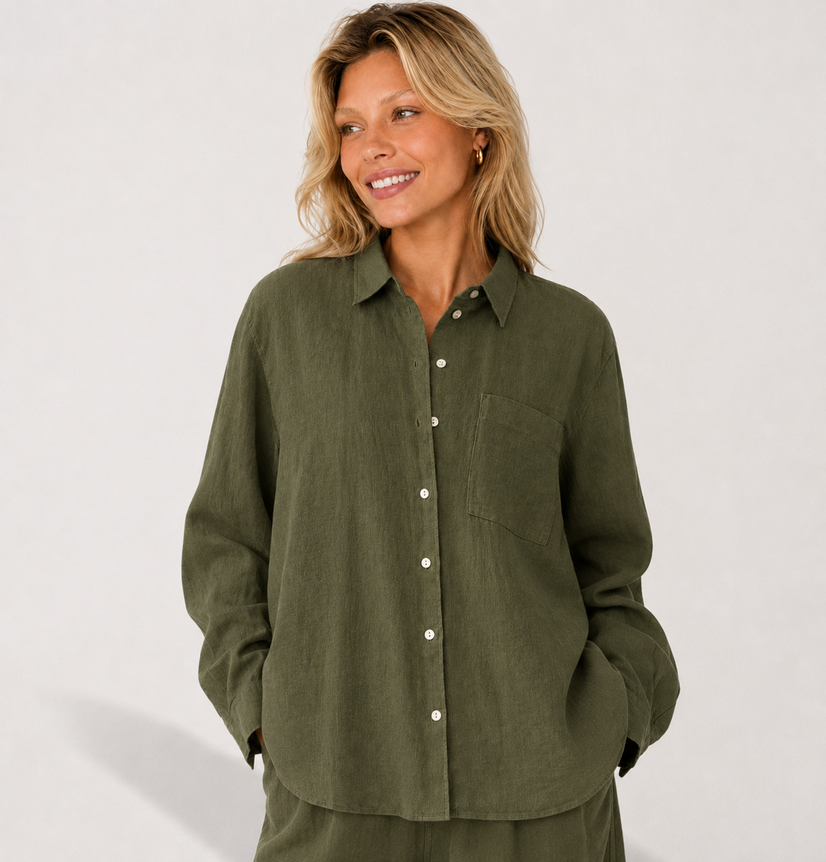 Women's olive oversized linen shirt with button front and dropped shoulders by STATE OF HER