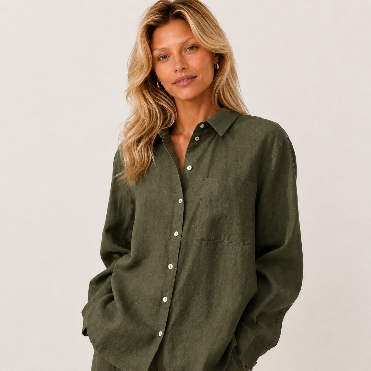 Women's olive oversized linen shirt with button front and dropped shoulders by STATE OF HER