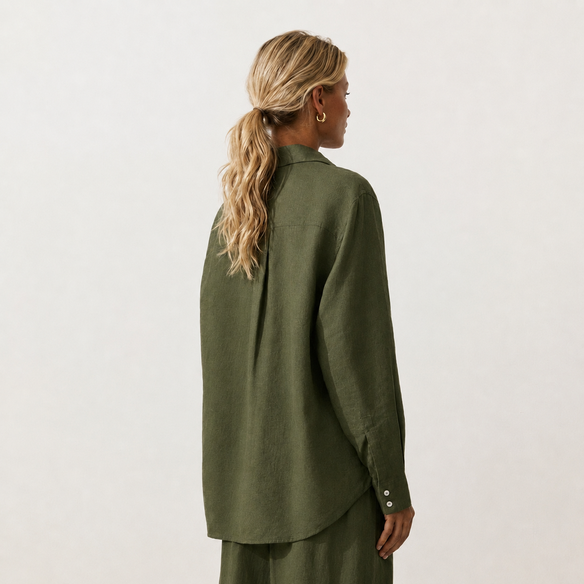 Women's olive oversized linen shirt with button front and dropped shoulders by STATE OF HER