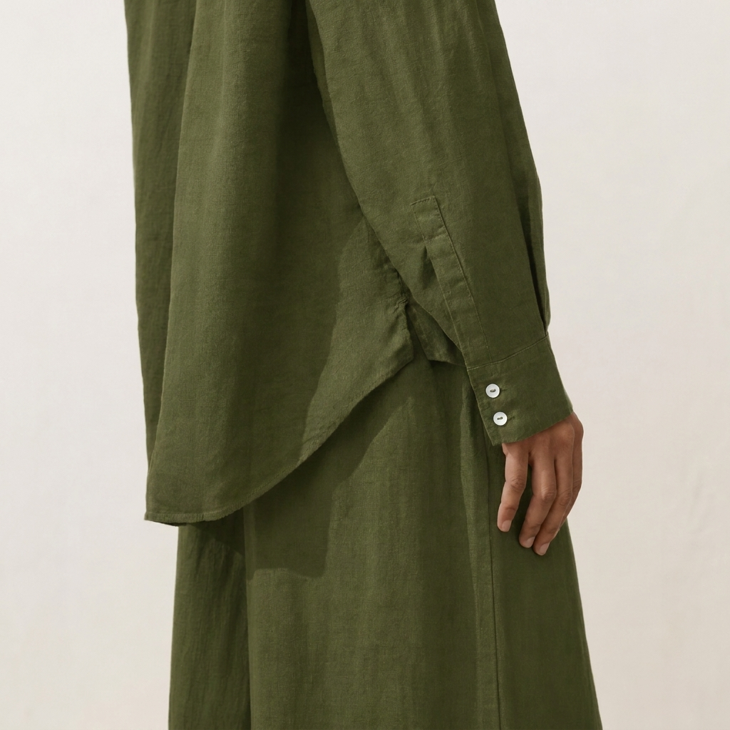 Women's olive oversized linen shirt with button front and dropped shoulders by STATE OF HER