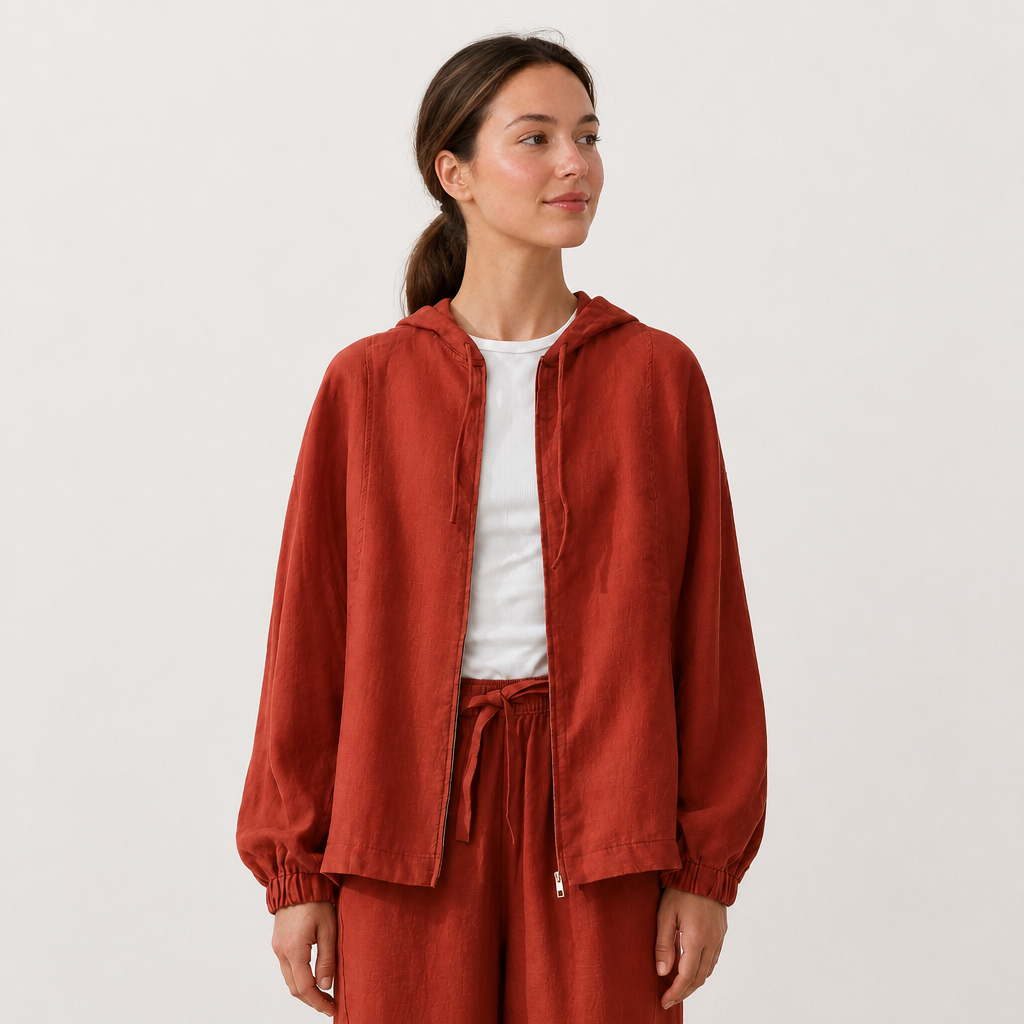 Women's orange red linen hooded jacket with oversized fit and zip front by STATE OF HER