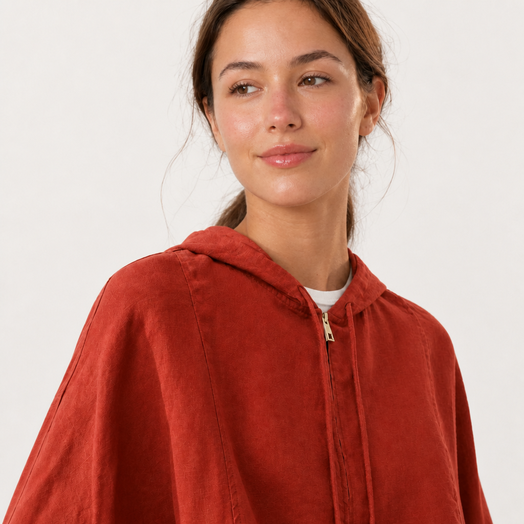 Women's orange red linen hooded jacket with oversized fit and zip front by STATE OF HER
