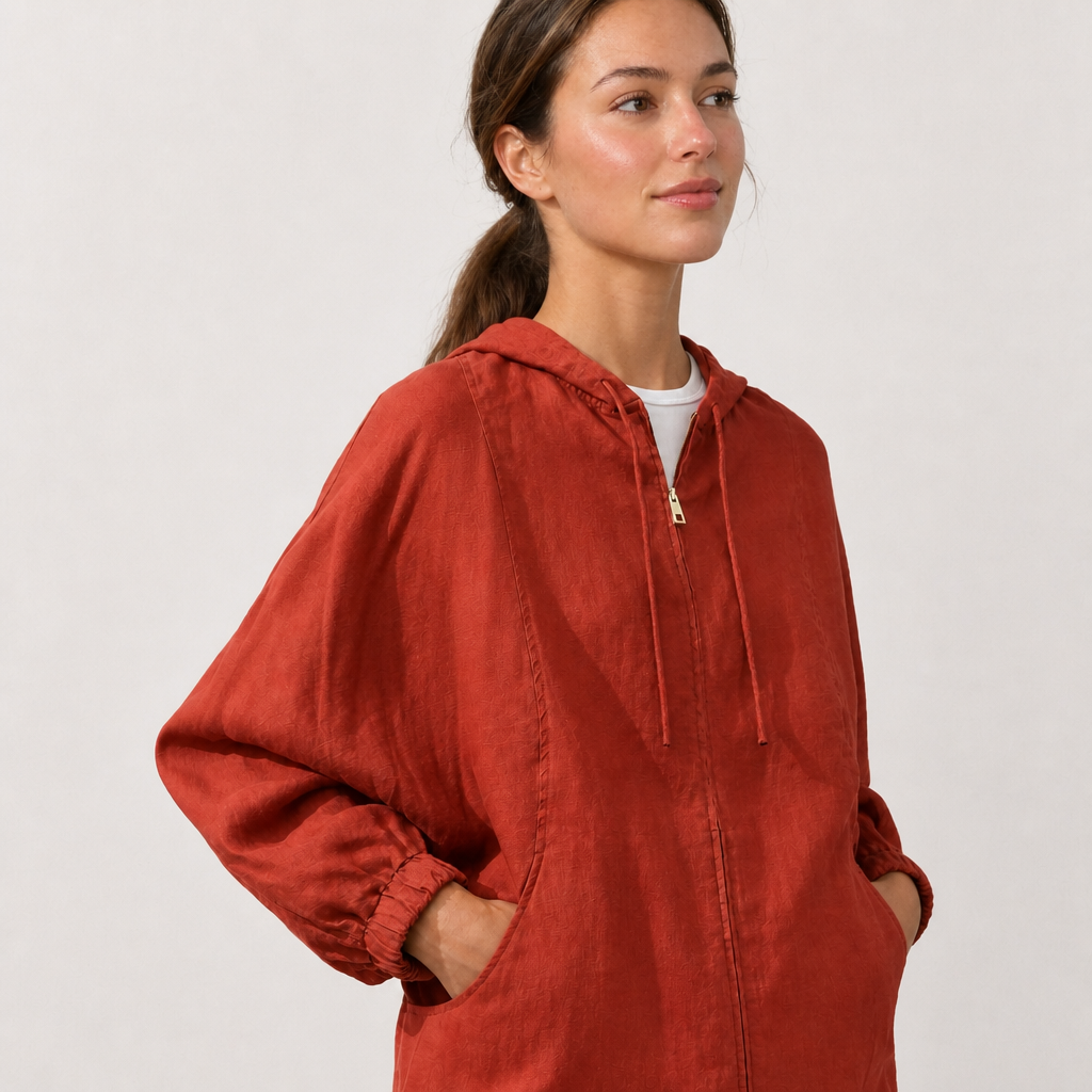 Women's orange red linen hooded jacket with oversized fit and zip front by STATE OF HER