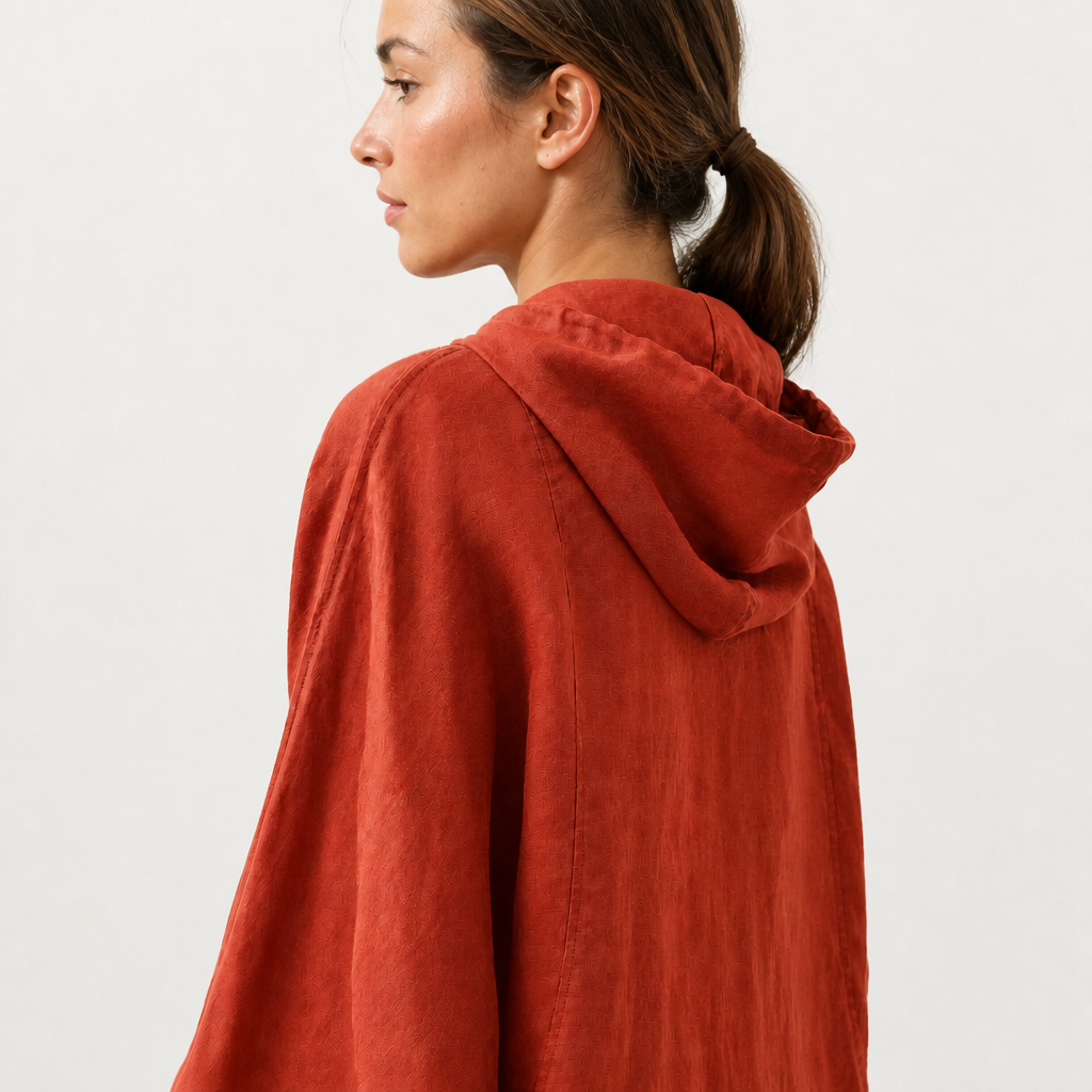 Women's orange red linen hooded jacket with oversized fit and zip front by STATE OF HER