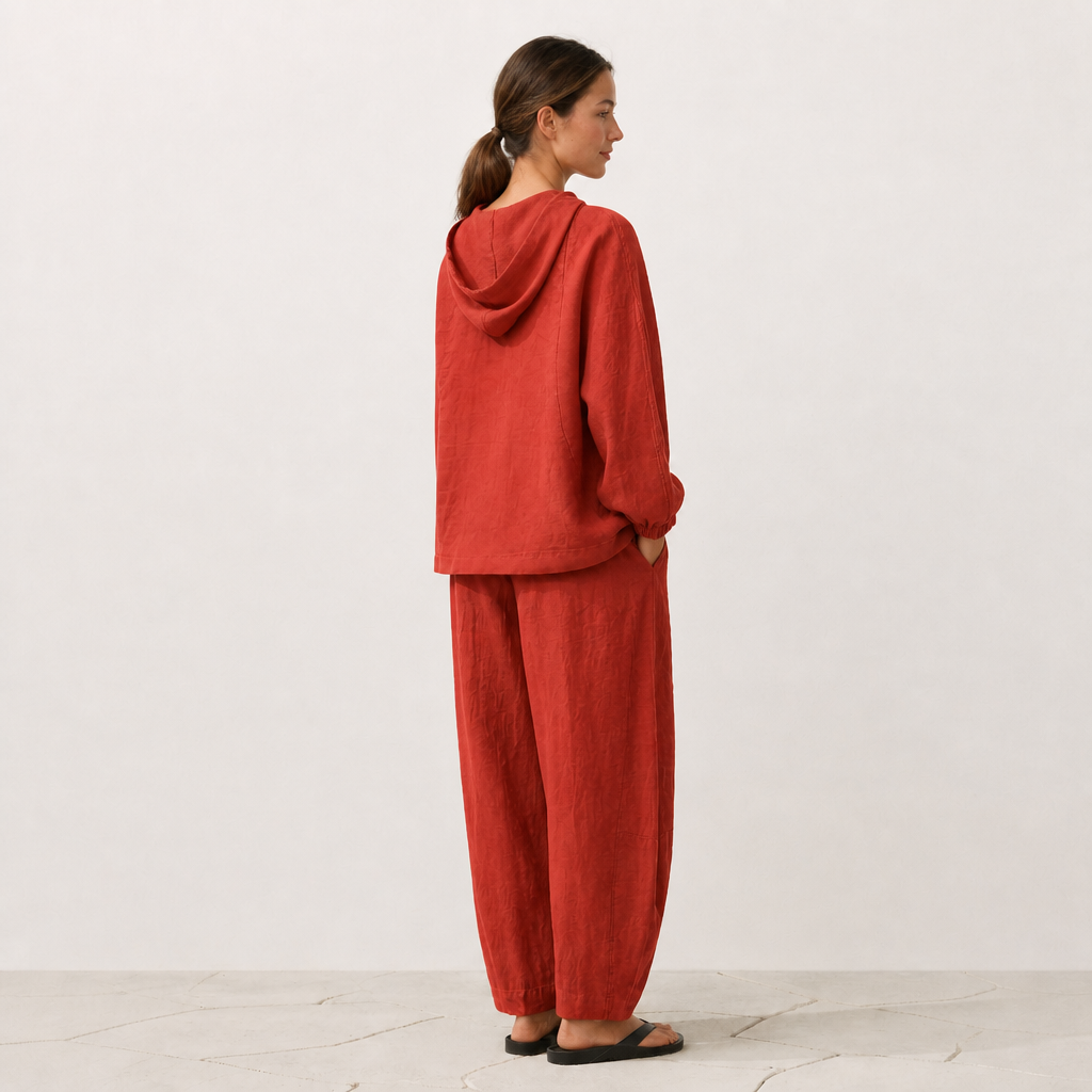 Women's orange red linen hooded jacket with oversized fit and zip front by STATE OF HER