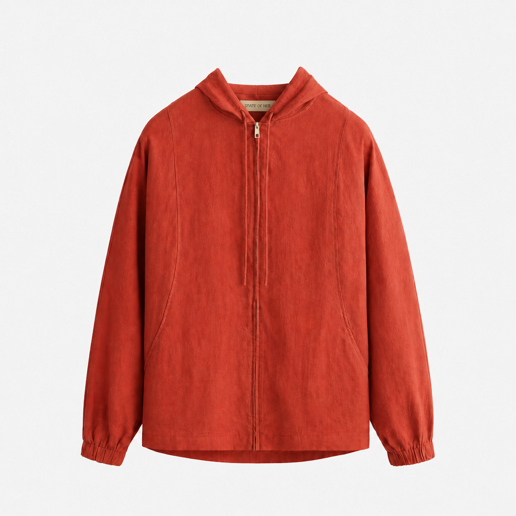 Women's orange red linen hooded jacket with oversized fit and zip front by STATE OF HER