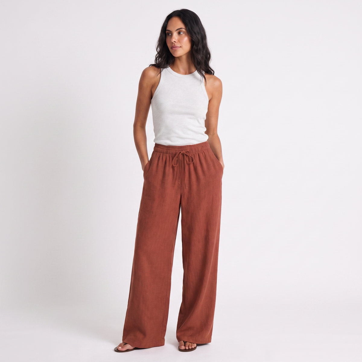 Women's orange red linen straight-leg trousers with relaxed fit and pockets by STATE OF HER