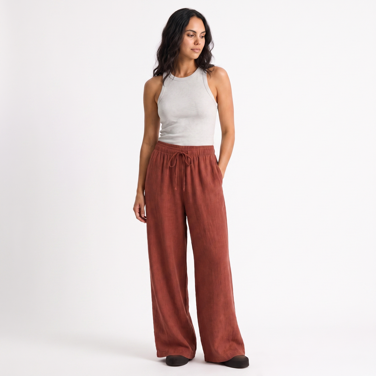 Women's orange red linen straight-leg trousers with relaxed fit and pockets by STATE OF HER