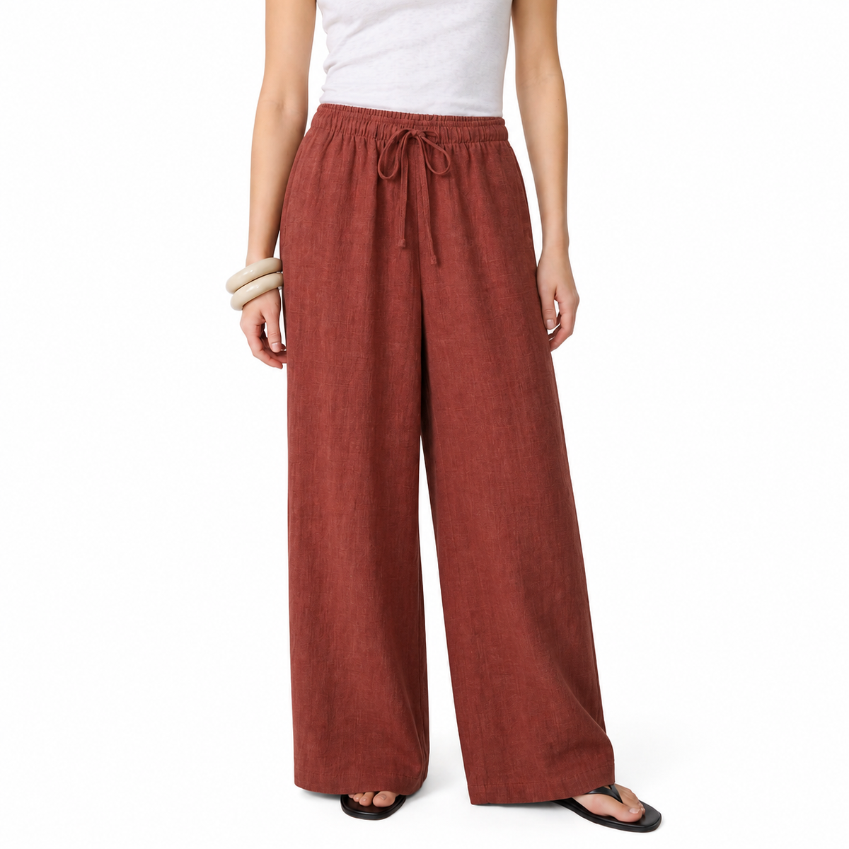 Women's orange red linen straight-leg trousers with relaxed fit and pockets by STATE OF HER