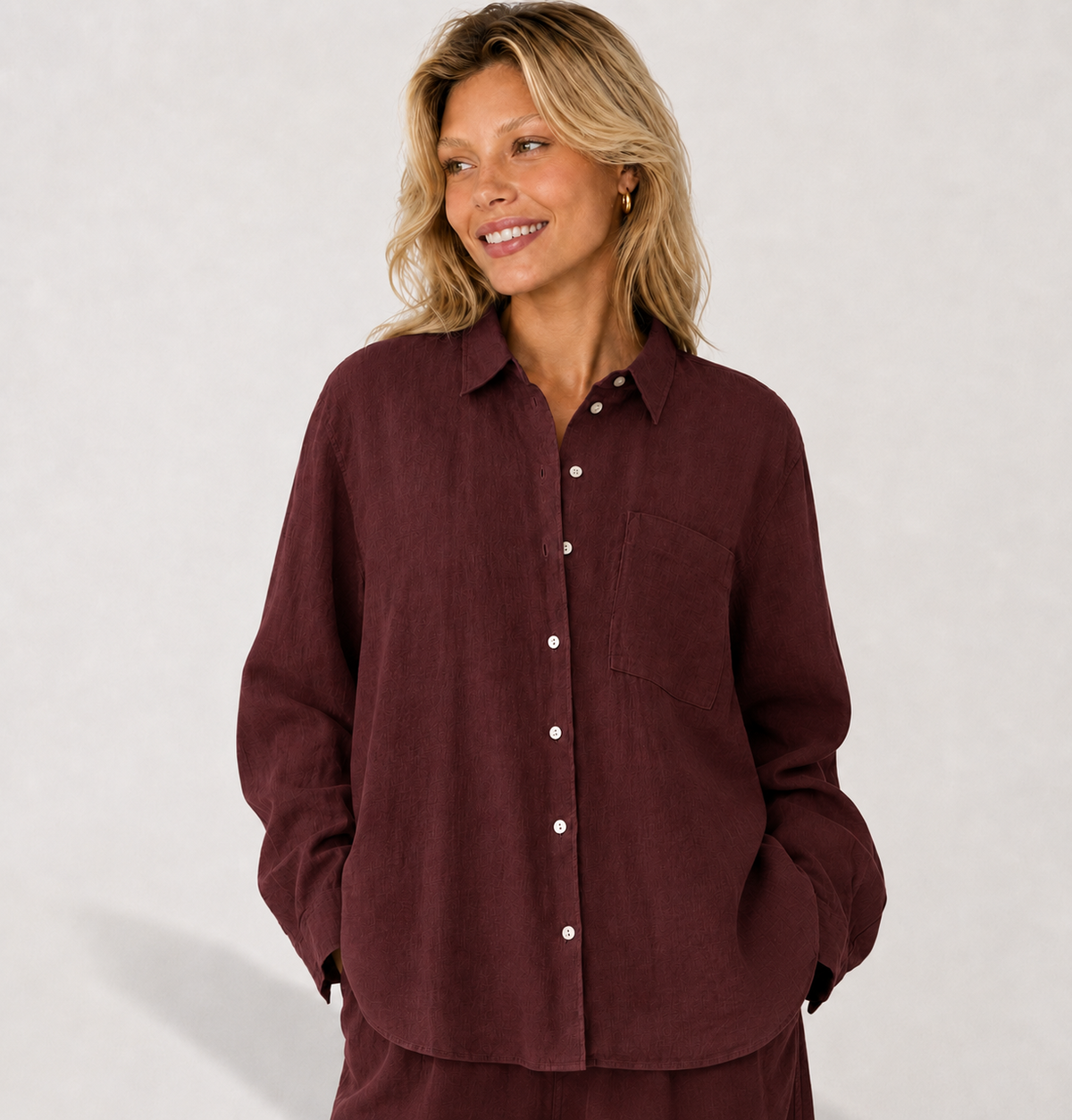 Women's orange red oversized linen shirt with button front and dropped shoulders by STATE OF HER