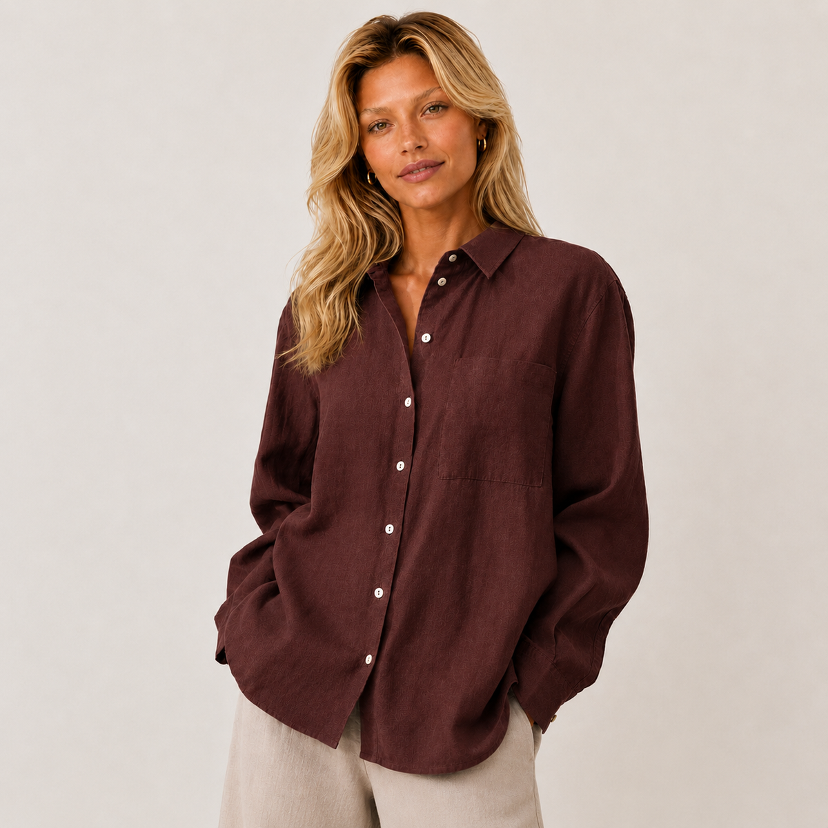 Women's orange red oversized linen shirt with button front and dropped shoulders by STATE OF HER