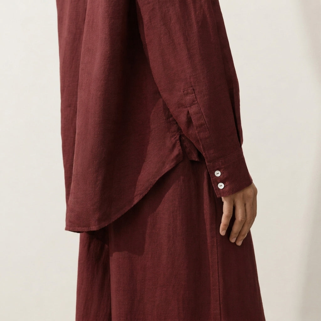 Women's orange red oversized linen shirt with button front and dropped shoulders by STATE OF HER